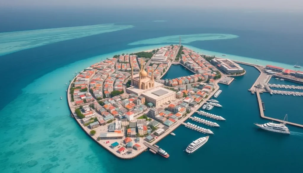 Aerial view of Malé city with colorful buildings and Grand Friday Mosque