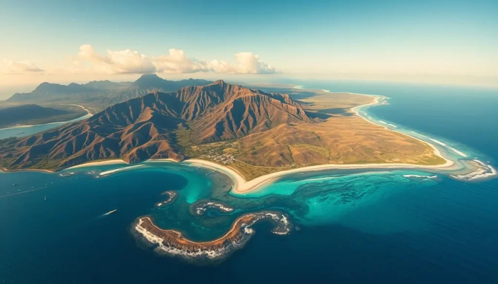 Aerial view of Mauritius coastline with mountains and beaches showing the diverse landscape of the island