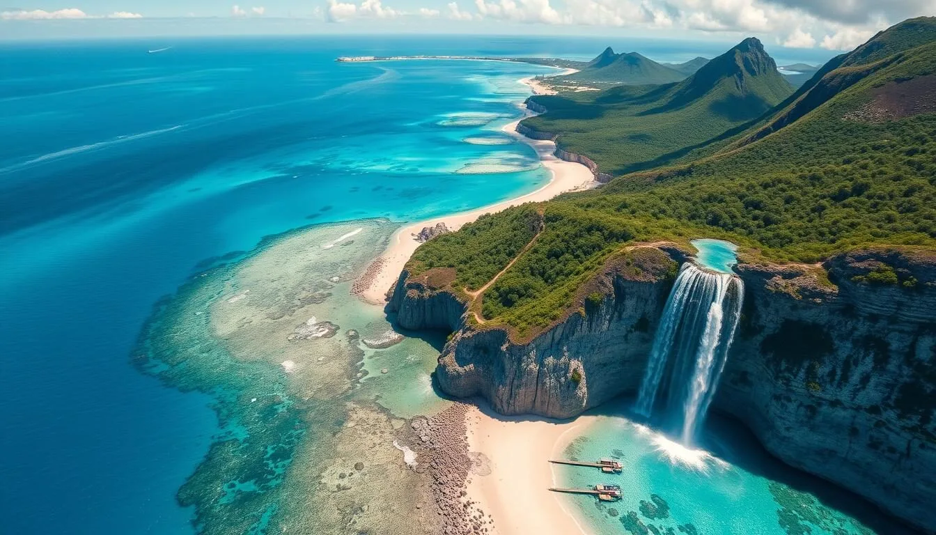 Aerial view of Mauritius showing turquoise waters and white sandy beaches with the underwater waterfall illusion visible
