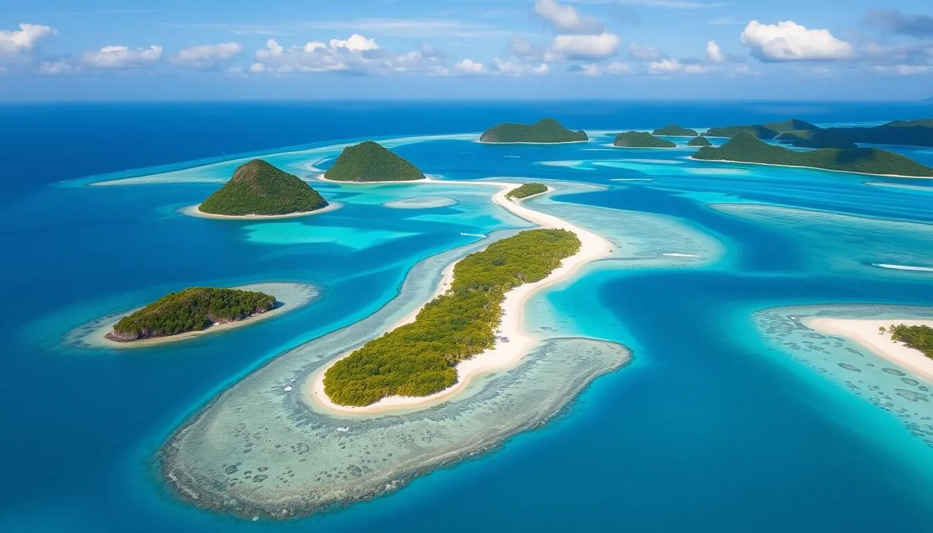 Aerial view of Micronesia's pristine islands with turquoise waters and lush green vegetation