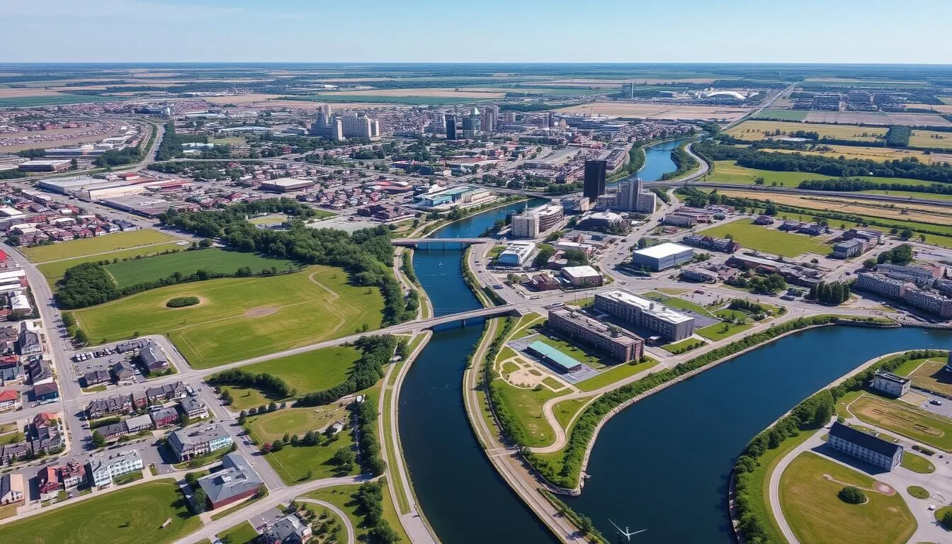 Aerial view of Minot, North Dakota on a sunny day showing the city layout with the Souris River winding through