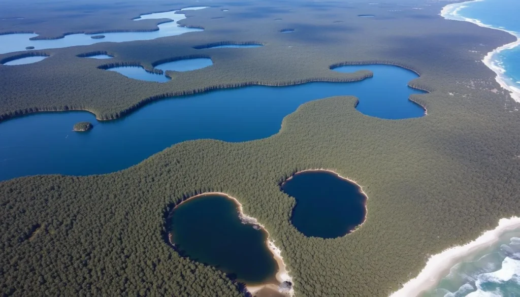 Aerial view of Myall Lakes National Park showing the lake system, forests, and coastline Aerial view of Myall Lakes National Park showing the lake system, forests, and coastline