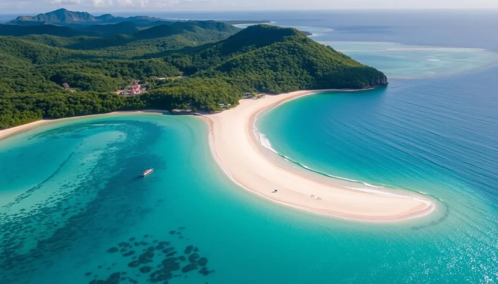 Aerial view of Natadola Beach in Fiji showing white sand and turquoise waters