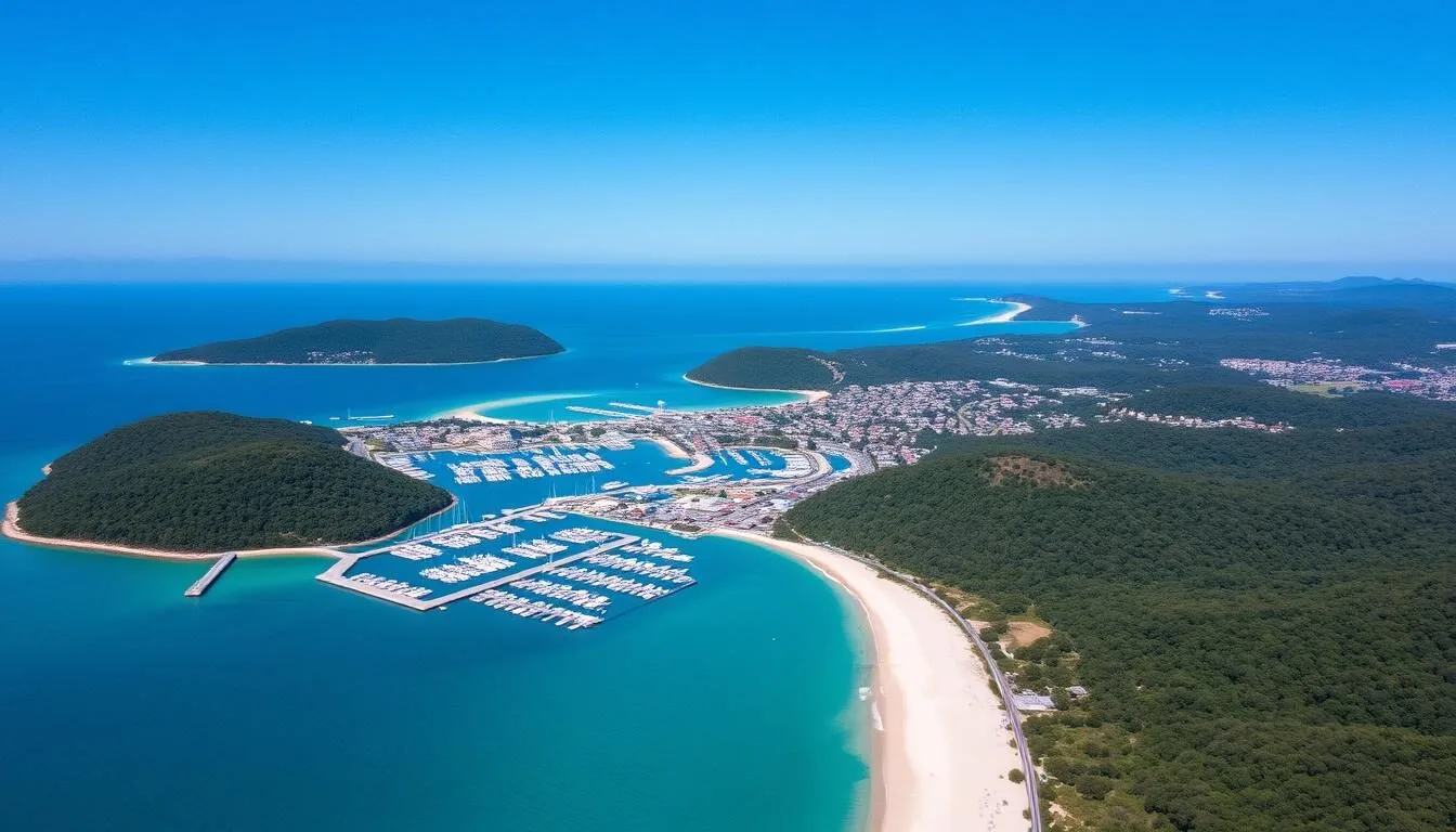 Aerial view of Nelson Bay, New South Wales showing the marina, beaches, and surrounding landscape on a sunny day
