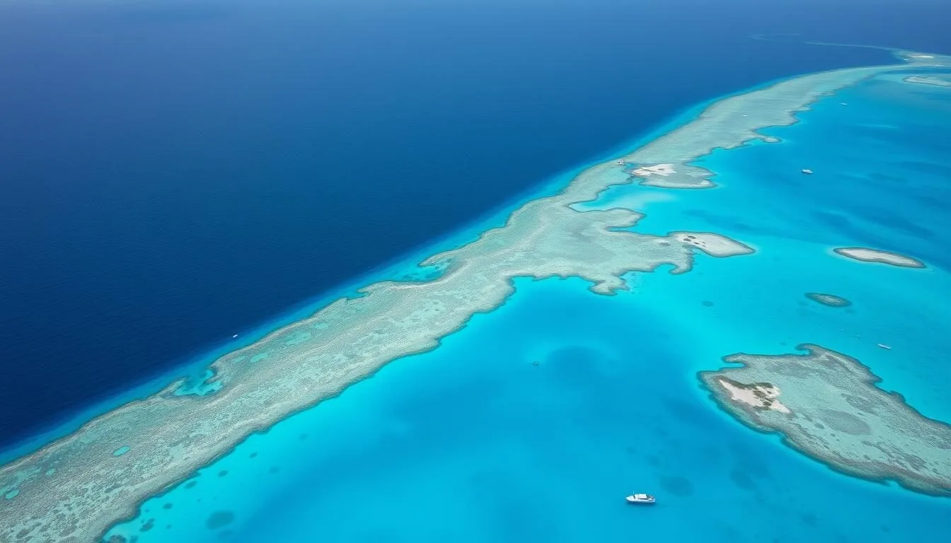 Aerial view of New Caledonia's turquoise lagoon surrounded by coral reef, showcasing the best things to do in New Caledonia