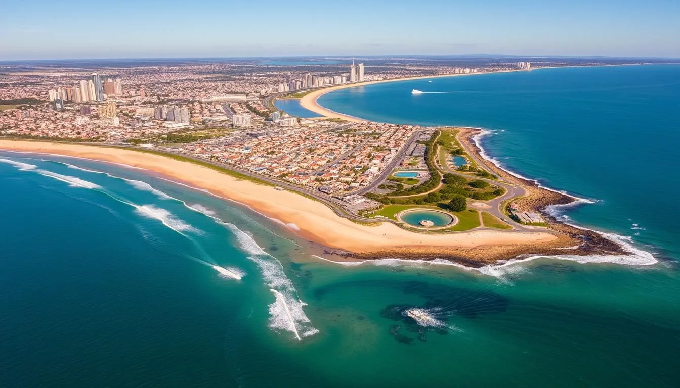 Aerial view of Newcastle coastline showing beaches and ocean baths with the city skyline in the background