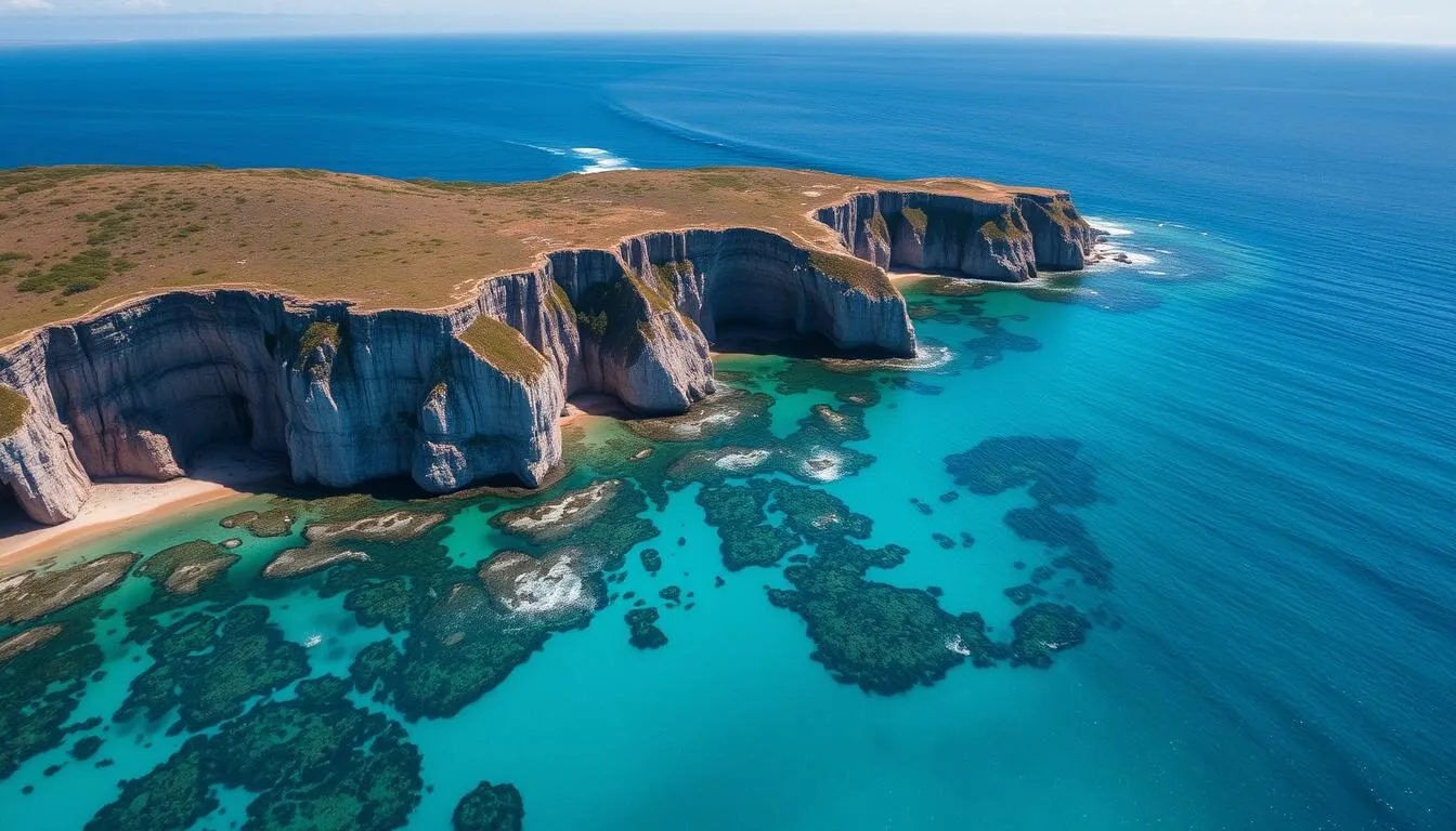 Aerial view of Niue's coastline showing crystal clear waters and limestone formations
