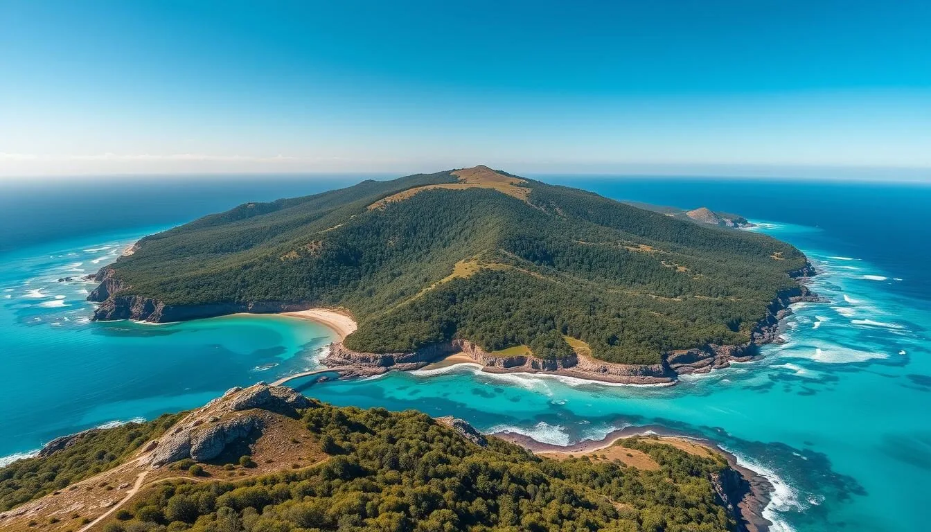 Aerial view of Norfolk Island showing its lush green landscape, rugged coastline, and the iconic Norfolk Island pines against the turquoise Pacific Ocean