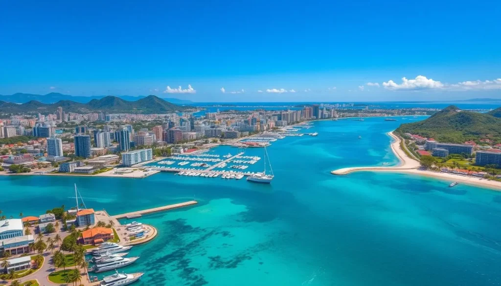 Aerial view of Nouméa city and Anse Vata Bay, New Caledonia