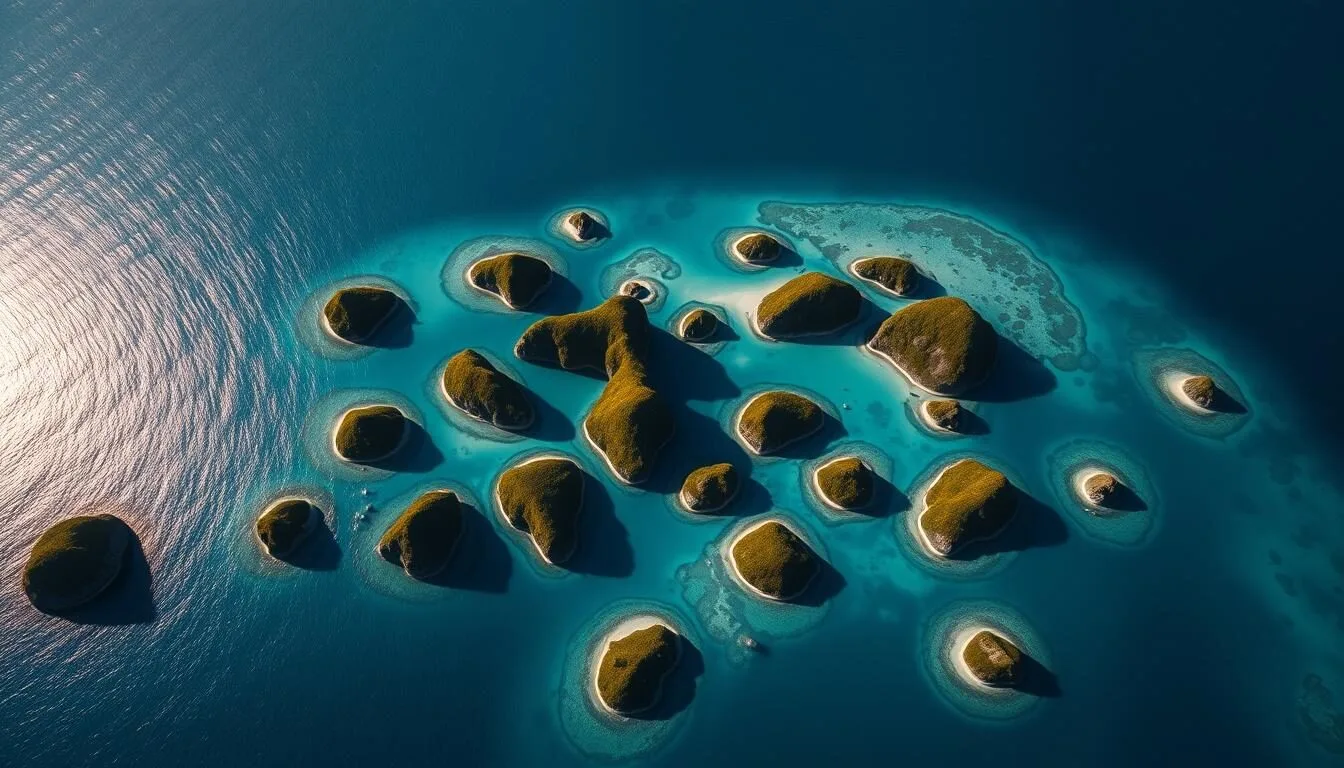 Aerial view of Palau's Rock Islands showing the stunning limestone formations surrounded by turquoise waters