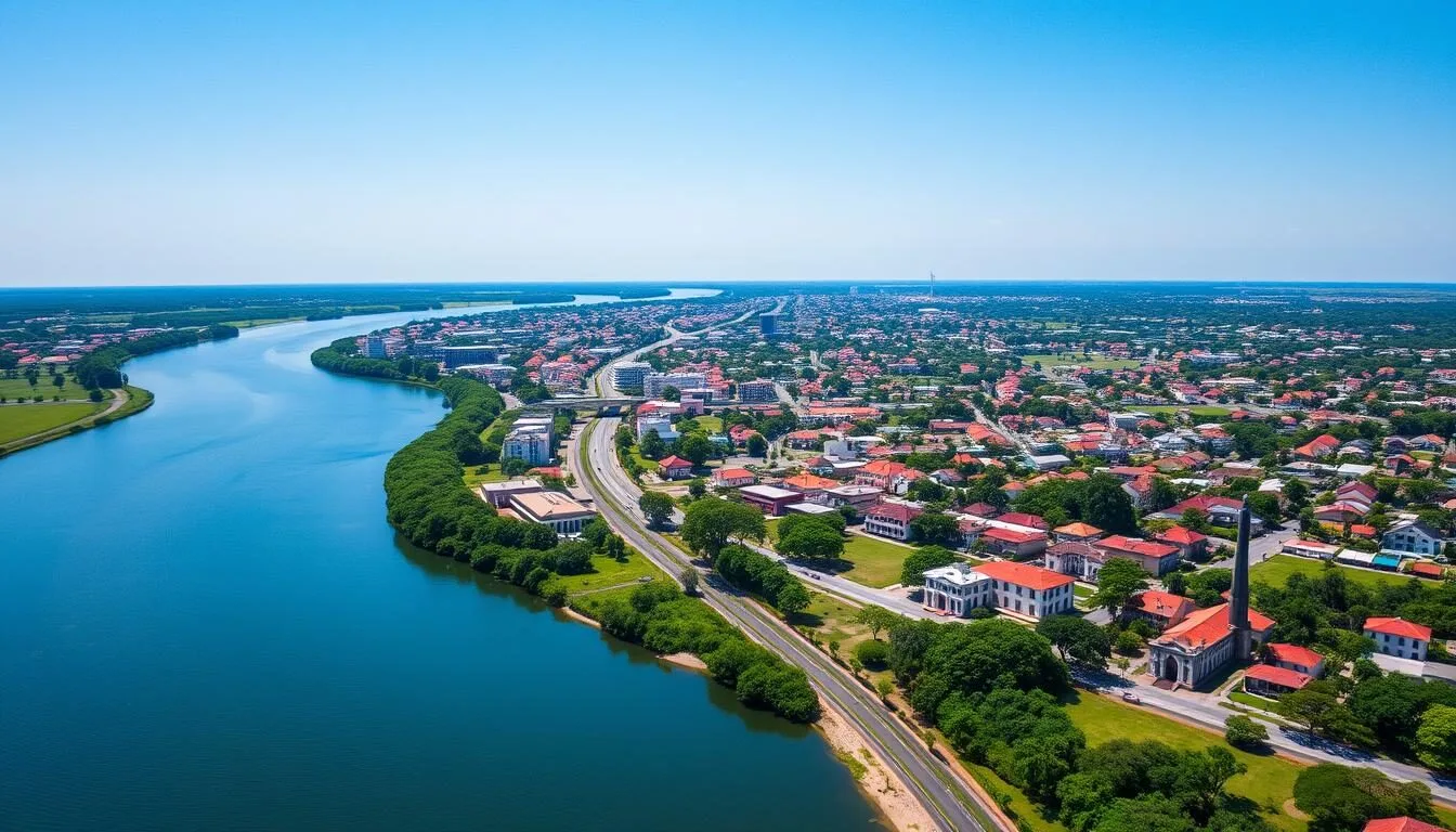 Aerial view of Paramaribo with the Suriname River and colonial buildings