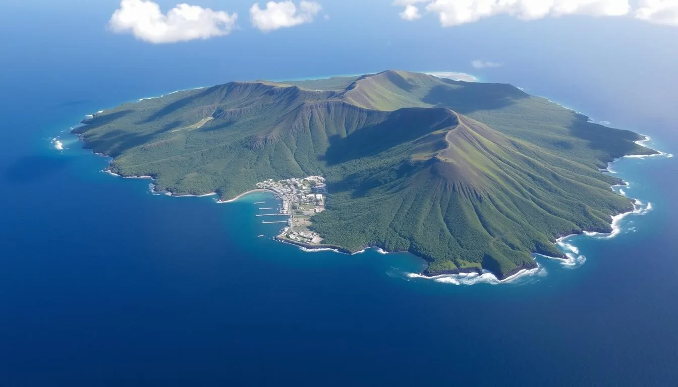 Aerial view of Pitcairn Island showing its lush green landscape surrounded by the deep blue Pacific Ocean