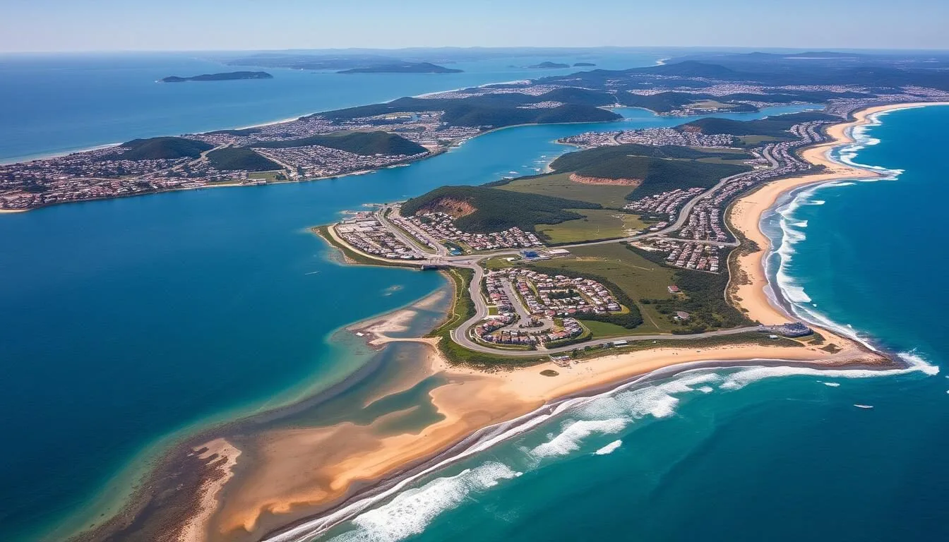Aerial view of Port Macquarie coastline showing multiple beaches and the Hastings River entrance