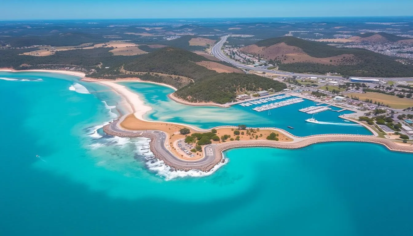 Aerial view of Port Stephens coastline showing the beautiful blue waters and surrounding landscape on a sunny day