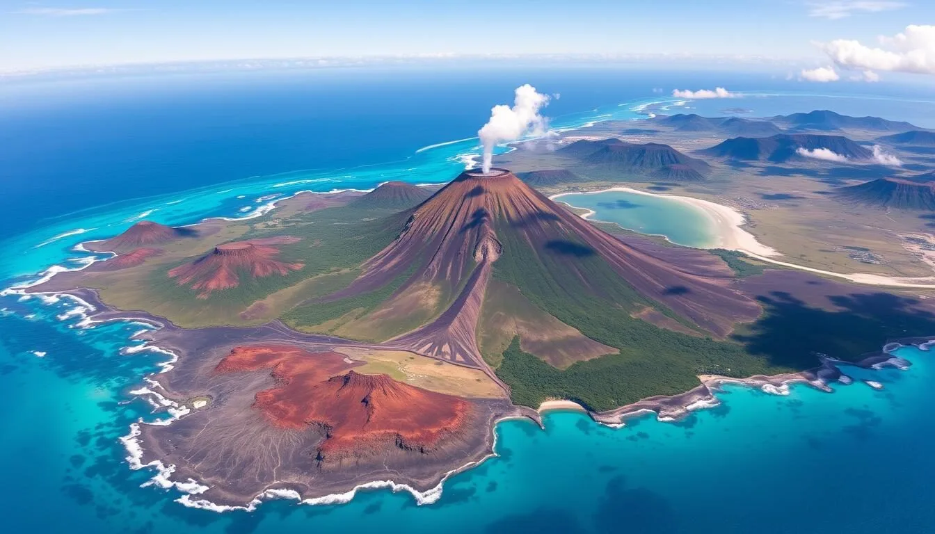 Aerial view of Reunion Island showing the dramatic volcanic landscape with Piton de la Fournaise and lush green cirques