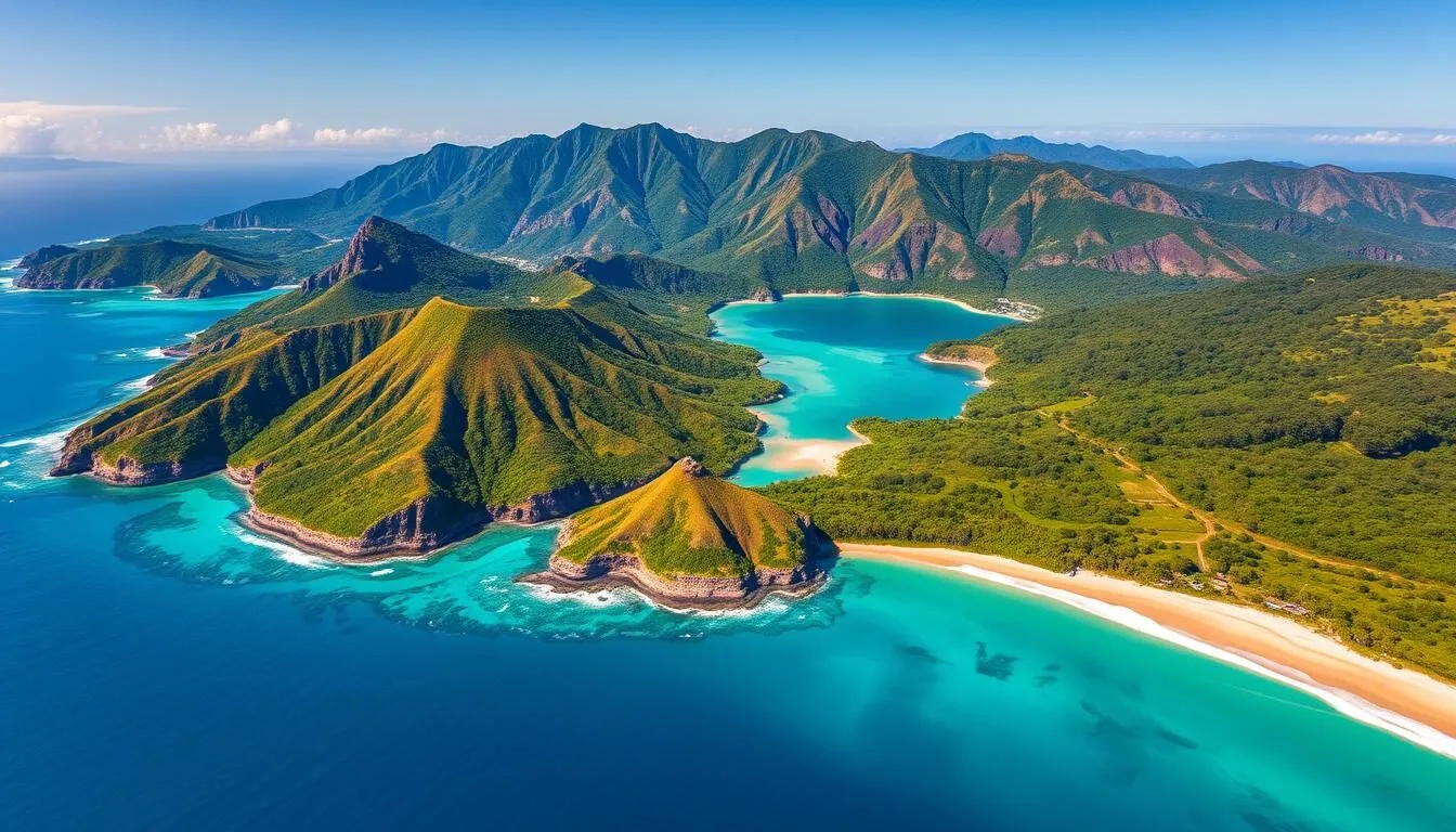 Aerial view of Sao Tome and Principe's lush green islands surrounded by turquoise waters, showcasing the best things to do in this tropical paradise