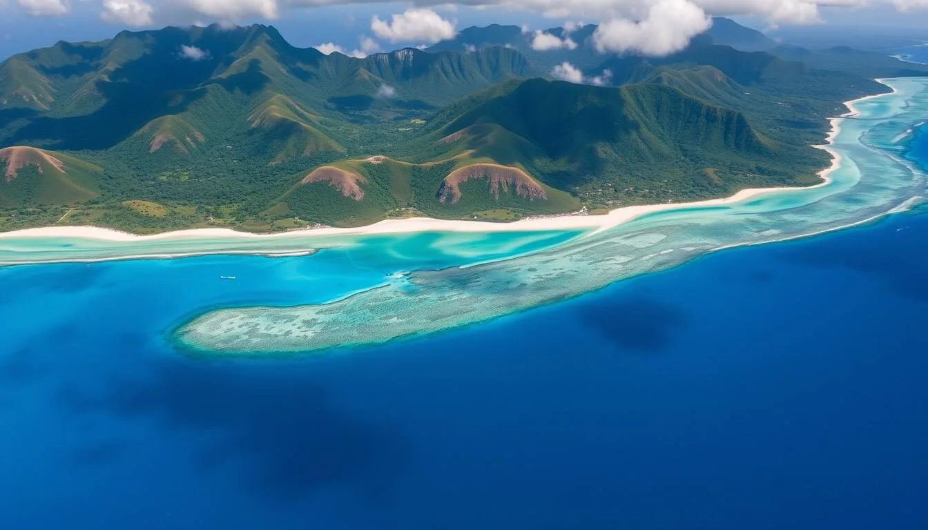 Aerial view of Seychelles islands with turquoise waters and lush green mountains