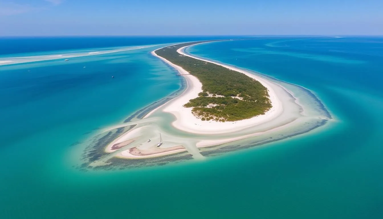 Aerial view of Shell Island Florida showing the pristine barrier island with white sand beaches and emerald waters