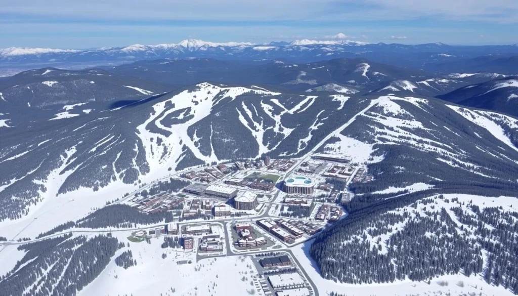 Aerial view of Snowmass Village with mountain backdrop and trail network