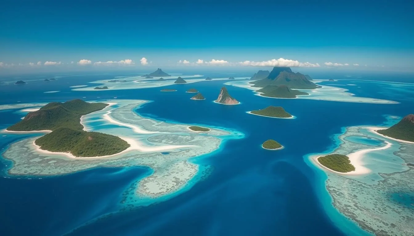 Aerial view of Solomon Islands with turquoise waters and lush green islands