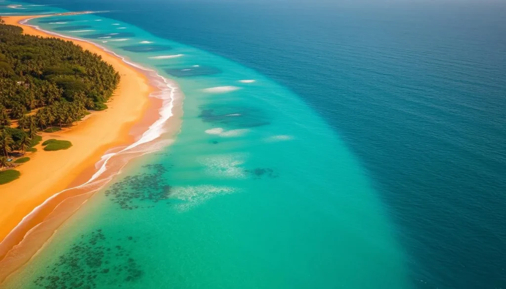 Aerial view of Sri Lanka's coastline with pristine beaches and palm trees