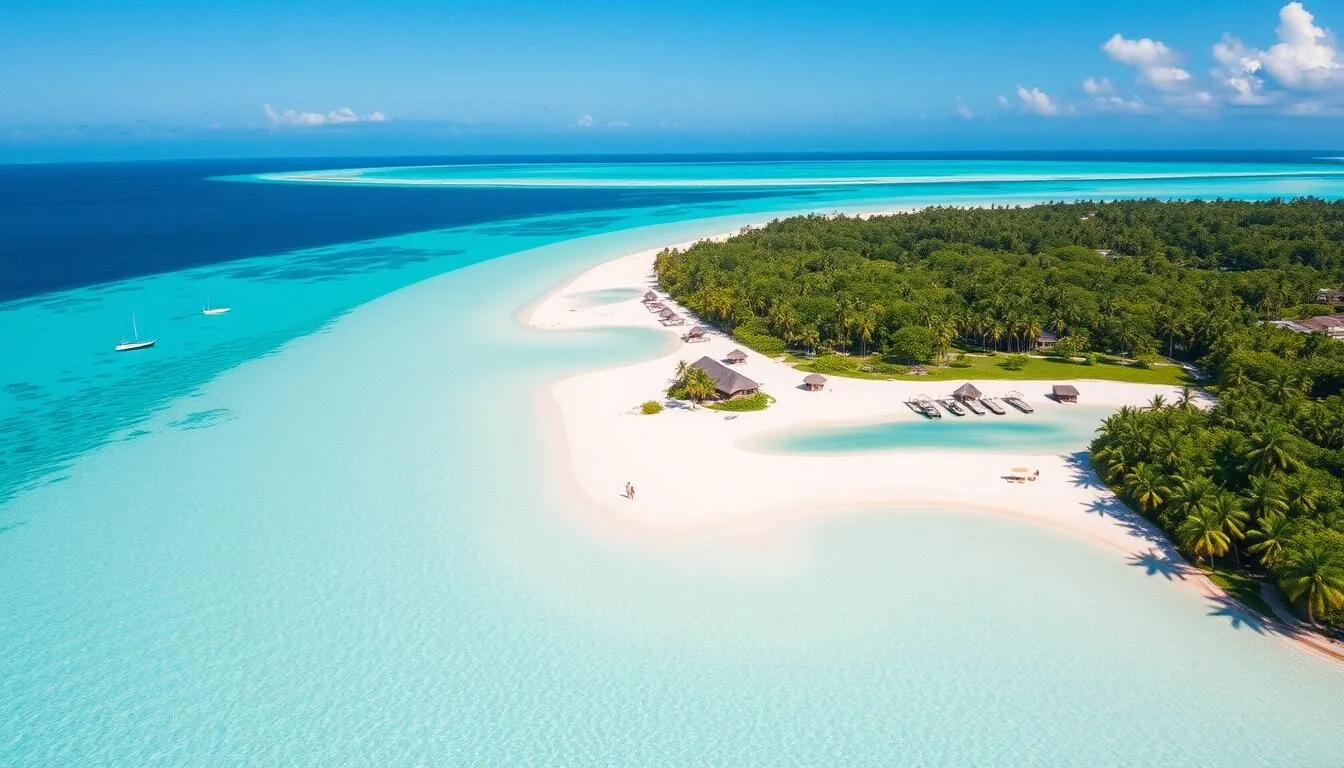 Aerial view of Tokelau atoll with crystal clear waters and palm-fringed beaches