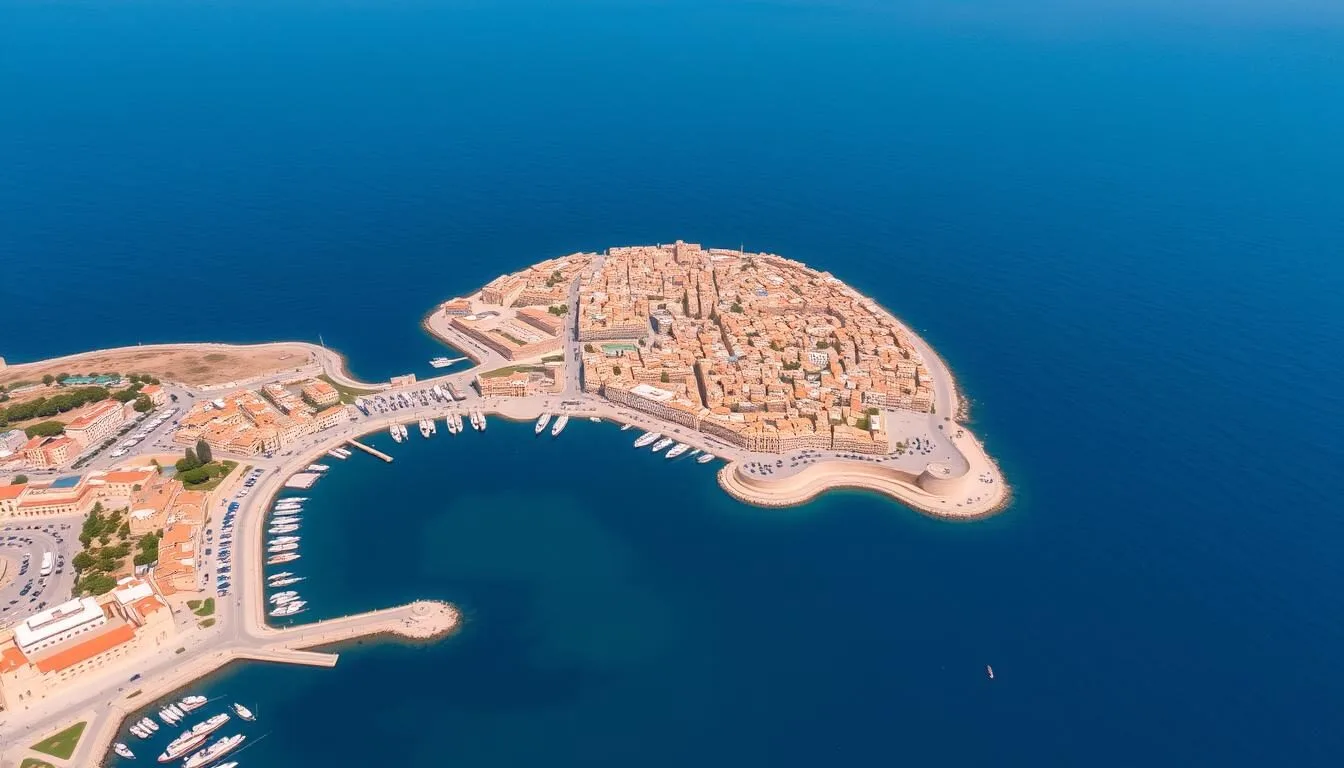 Aerial view of Valletta, Malta's capital city, showing the historic fortified city surrounded by the Mediterranean Sea on a sunny day