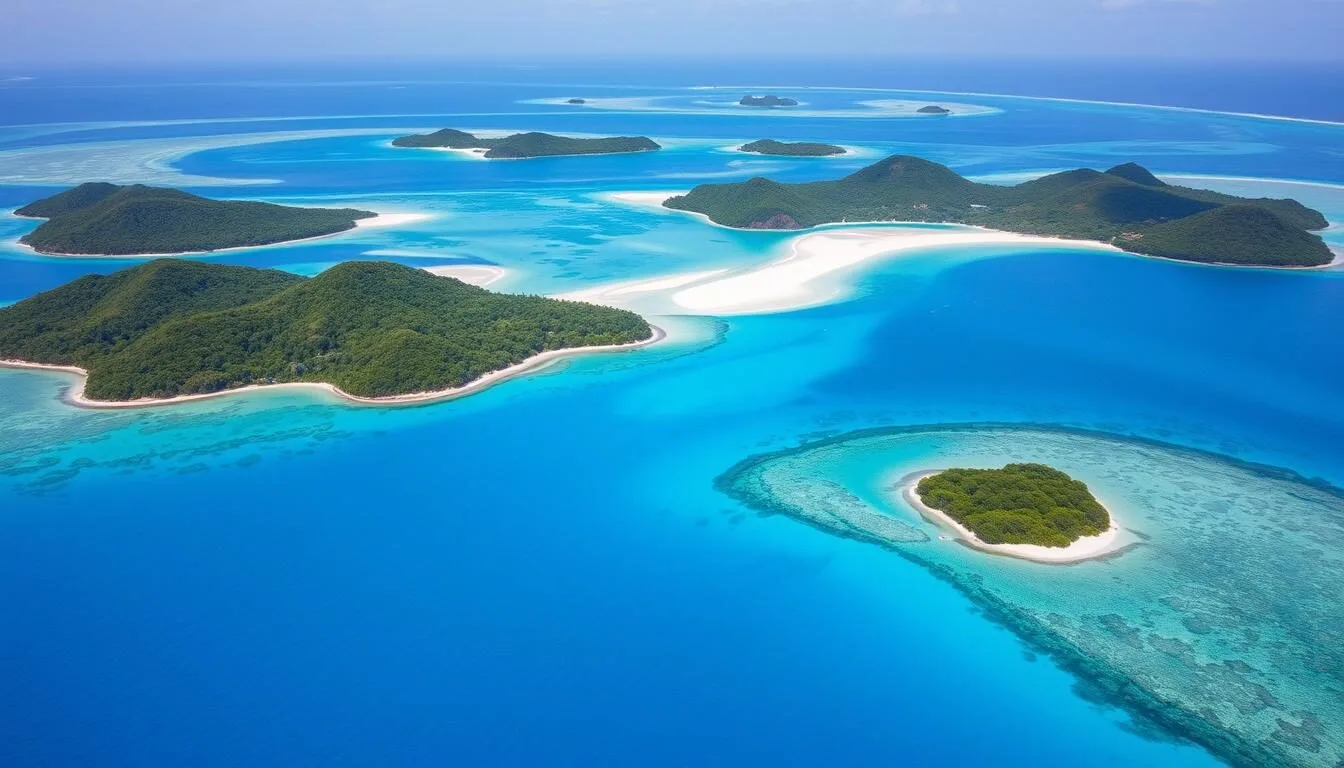 Aerial view of Wallis and Futuna islands showing turquoise lagoon and lush green landscapes