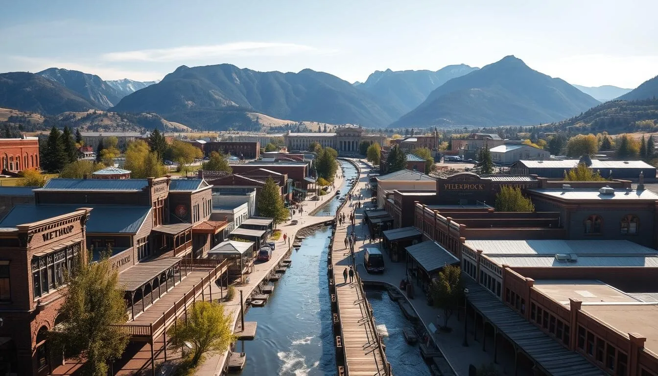 Aerial view of Winthrop, Washington showing the western-themed downtown with wooden boardwalks, surrounded by mountains and the Methow River on a sunny day