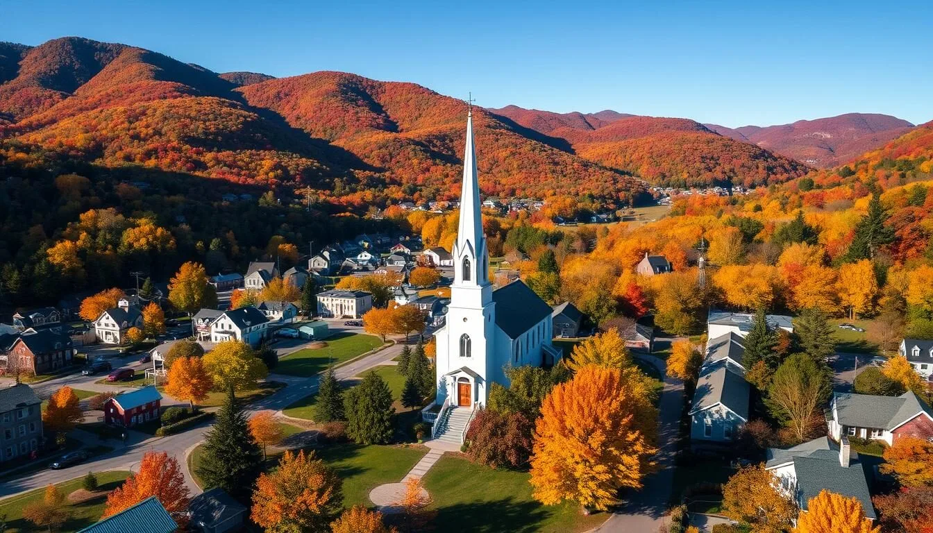 Aerial view of Woodstock Vermont with fall foliage surrounding the village green and white church steeple