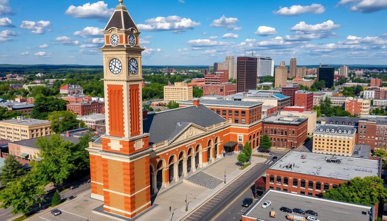 Aerial view of downtown Waterbury Connecticut showing the historic Union Station clock tower and city skyline on a sunny day
