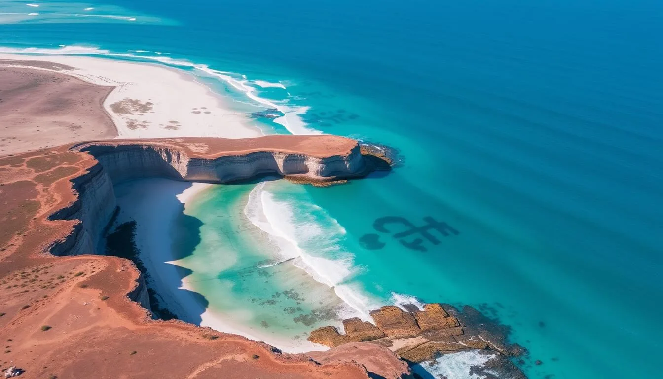 Aerial view of the Eyre Peninsula coastline showing turquoise waters and white sandy beaches on a sunny day in South Australia