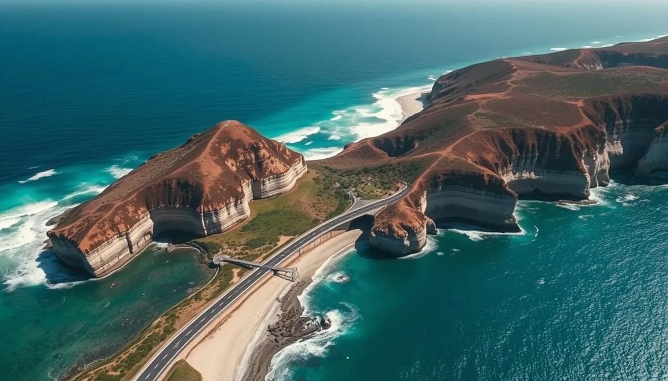 Aerial view of the Great Ocean Road winding along Port Campbell's dramatic coastline