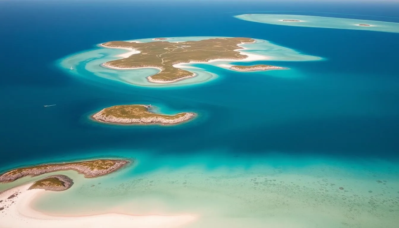 Aerial view of the Isles of Scilly archipelago showing multiple islands with turquoise waters and white sandy beaches on a sunny day