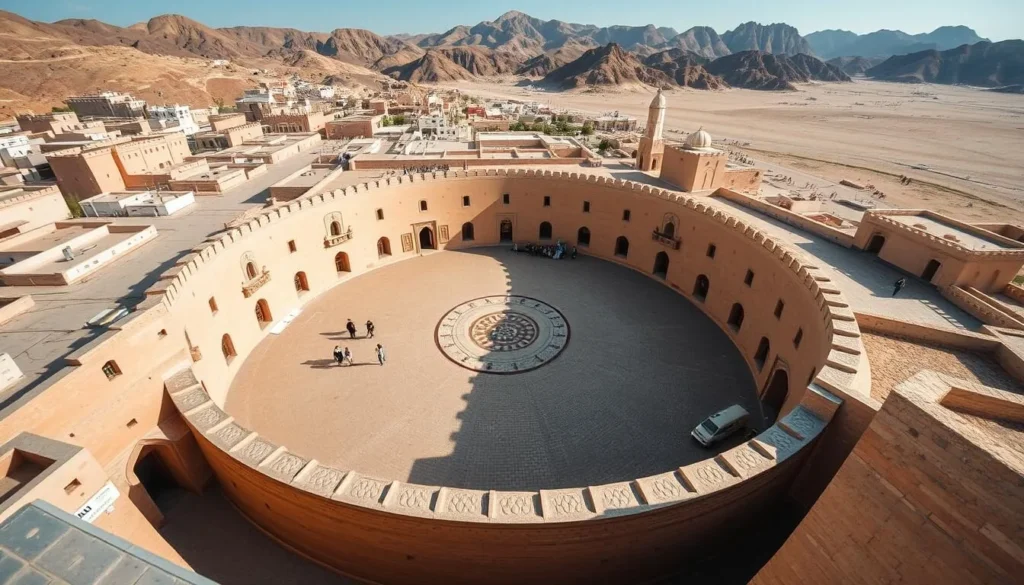 Aerial view of the circular Nizwa Fort with mountains in the background