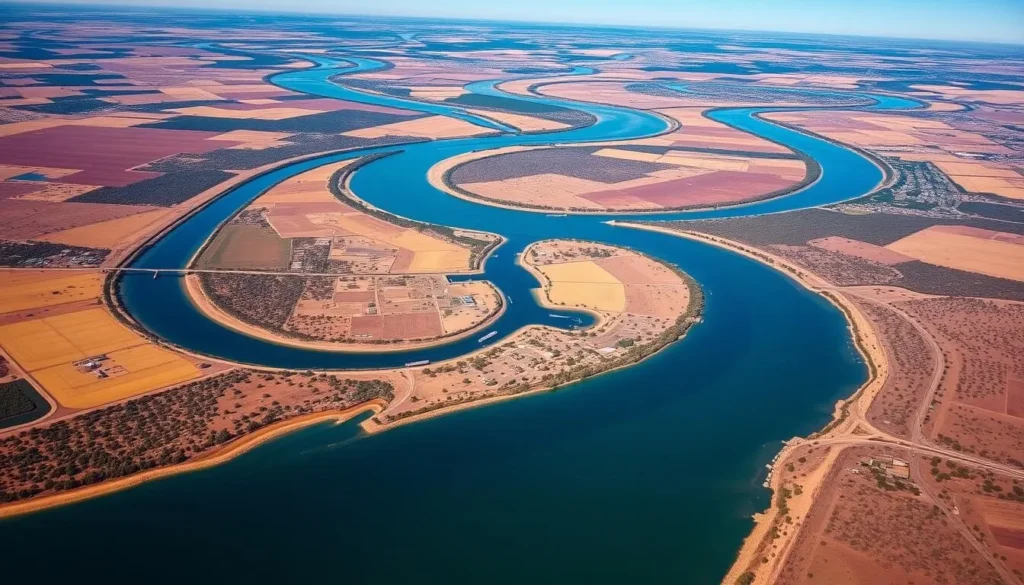 Aerial view of the winding Murray River through the Murraylands Region South Australia