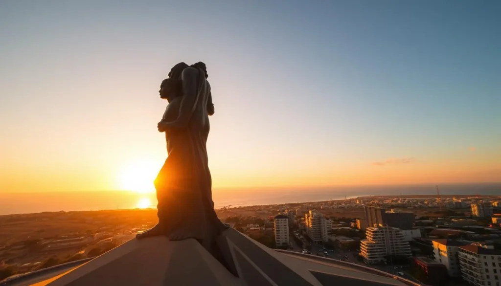 African Renaissance Monument towering over Dakar with the city and ocean in background African Renaissance Monument towering over Dakar with the city and ocean in background