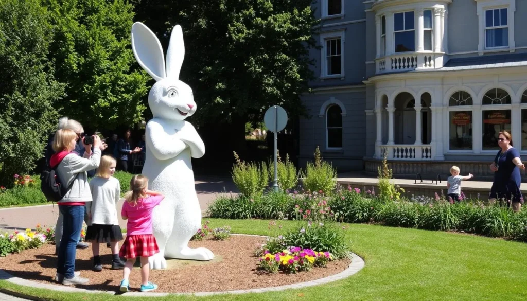 Alice in Wonderland sculpture on the Llandudno trail with families exploring Alice in Wonderland sculpture on the Llandudno trail with families exploring