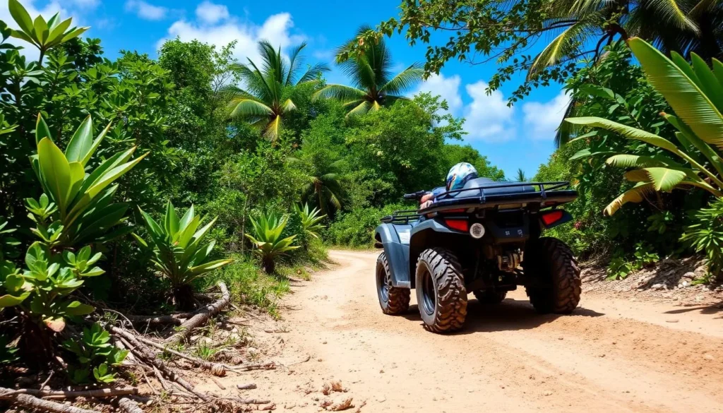 An ATV driving on a dirt path through a lush Bahamian landscape