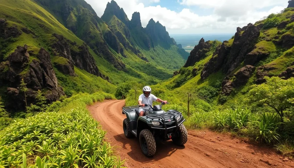 An ATV navigating a rugged mountain trail in Moorea, with lush greenery surrounding it.