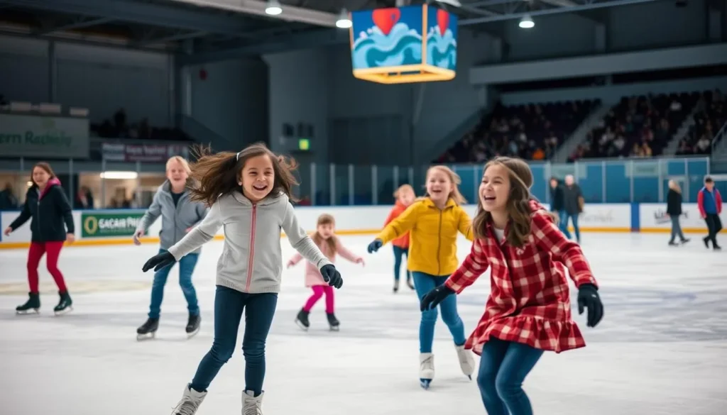 An action-packed image of families enjoying public skating at the Cedar Rapids Ice Arena.