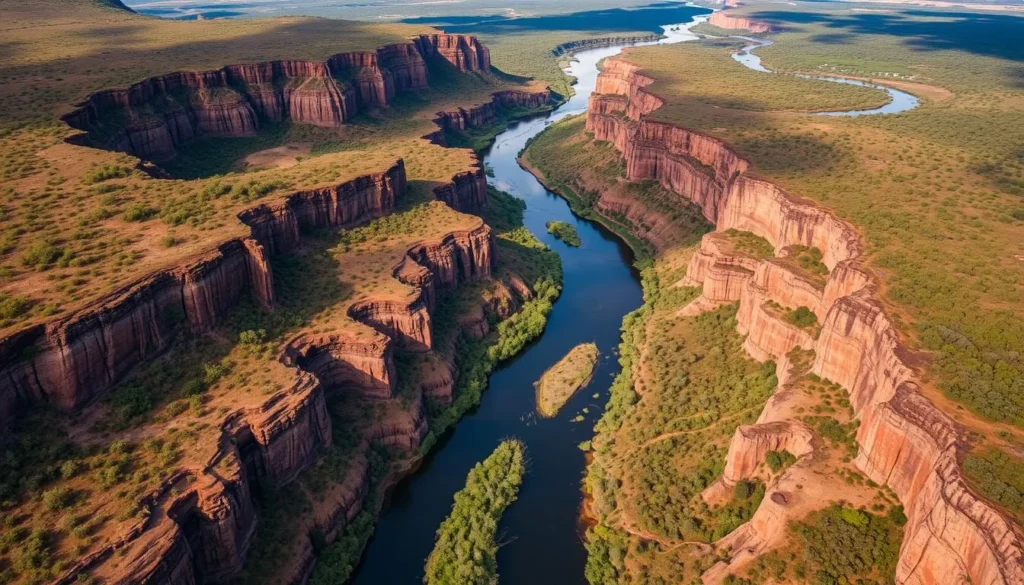 An aerial view of Kakadu National Park's escarpments and rivers