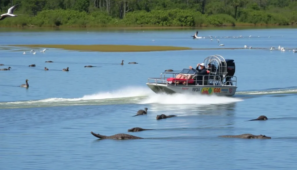 An airboat speeding across Lake Tohopekaliga, with alligators and birds visible in the surrounding waters.