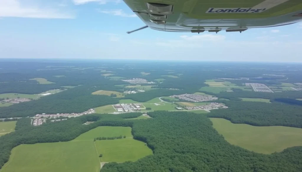 An airplane flying over the scenic landscape of London, Kentucky