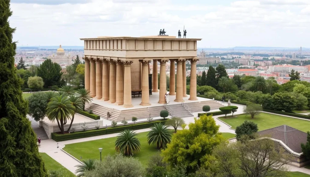 An ancient Egyptian temple in the heart of Madrid, surrounded by a serene park offering panoramic views of the city.