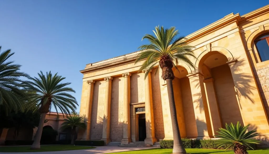 An ancient, grand structure stands tall, its weathered stone walls and columns casting long shadows under the warm Mediterranean sun. The Archaeological Museum of Heraklion, a repository of Crete's rich history, rises majestically against a clear blue sky. Elegant archways frame the entrance, inviting visitors to step into a world of ancient artifacts and captivating stories. Lush palm trees sway gently, adding a touch of tranquility to the scene. The museum's well-manicured gardens and serene courtyards beckon exploration, hinting at the treasures that await within. This timeless, awe-inspiring landmark represents the enduring legacy of Crete's storied past, a must-see destination for history enthusiasts.