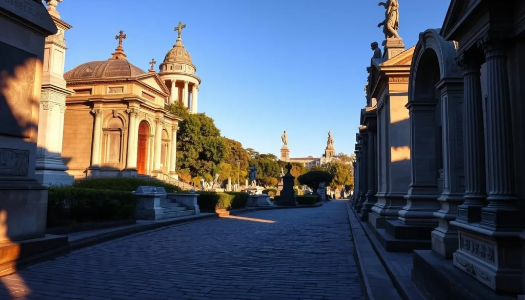 An elegant graveyard in Buenos Aires, Recoleta Cemetery stands as a testament to the city's rich history. Capture the grandeur of its ornate mausoleums and towering statues, bathed in soft, warm sunlight. Winding pathways lead through the serene grounds, inviting exploration. In the foreground, intricately carved stone monuments cast long shadows across the weathered cobblestones. The middle ground features lush, verdant foliage framing the stunning architecture. Distant mausoleums rise majestically against a clear, azure sky, conveying a sense of tranquility and reverence. Shoot this scene with a wide-angle lens to showcase the cemetery's impressive scale and elegant design.