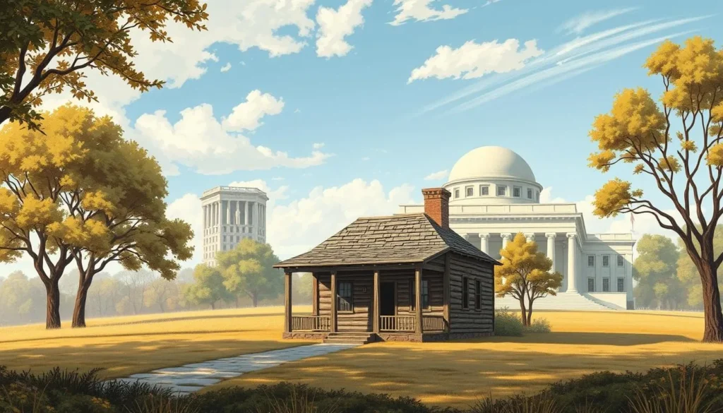 An image of Abraham Lincoln's birthplace cabin and the memorial building.