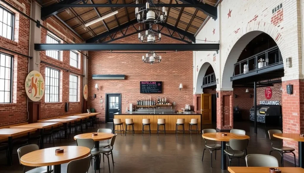An image of Albany Distilling Company's tasting room in a revamped 19th-century Nabisco factory.