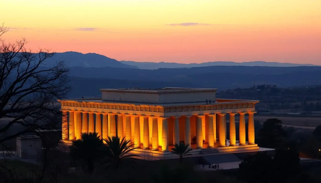 An image of Anıtkabir's imposing structure at sunrise.